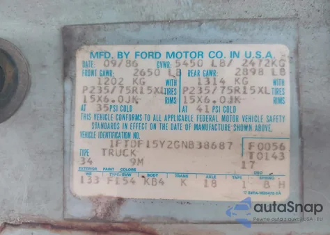1986 Ford F150 z USA, uszkodzony, nr VIN 1FTDF15Y2GNB38687